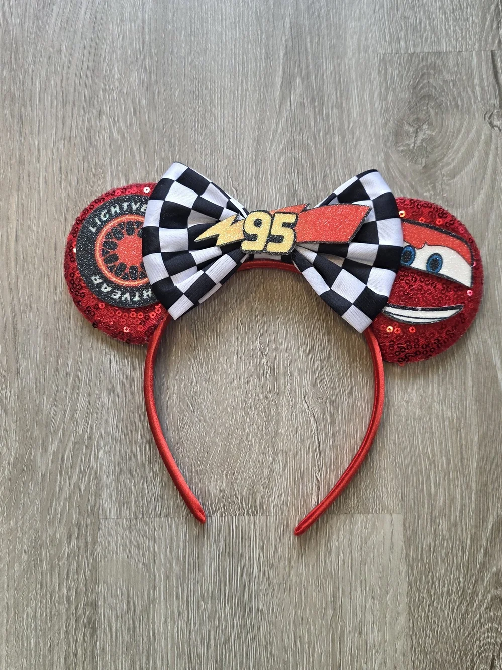 Disney Cars Lightning McQueen Red Sequin Checkered Bow Headband